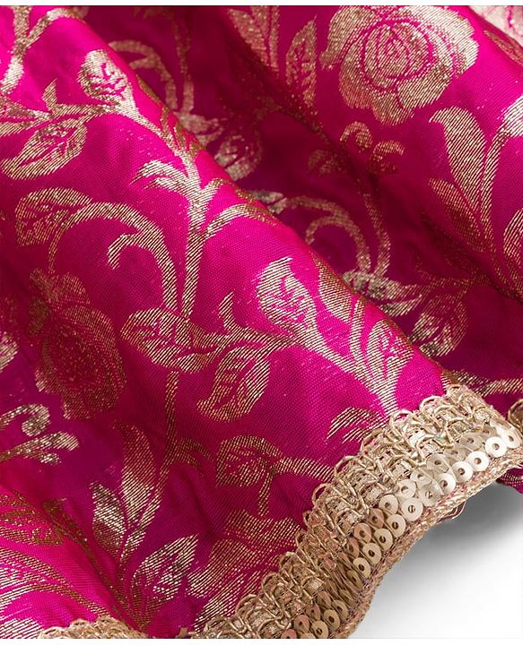Babyhug Brocade Woven Frill Sleeves Floral Foil Printed Choli Lehenga Set with Dupatta & Embroidery - Dark Pink