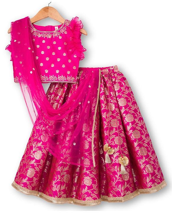 Babyhug Brocade Woven Frill Sleeves Floral Foil Printed Choli Lehenga Set with Dupatta & Embroidery - Dark Pink