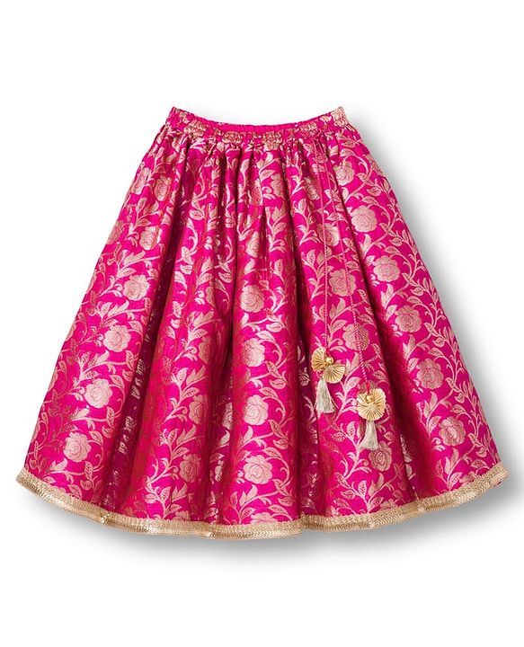 Babyhug Brocade Woven Frill Sleeves Floral Foil Printed Choli Lehenga Set with Dupatta & Embroidery - Dark Pink