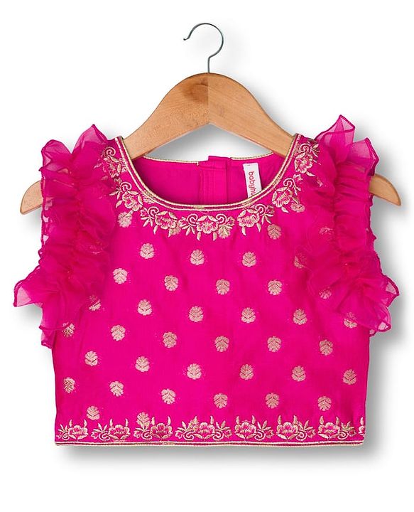 Babyhug Brocade Woven Frill Sleeves Floral Foil Printed Choli Lehenga Set with Dupatta & Embroidery - Dark Pink