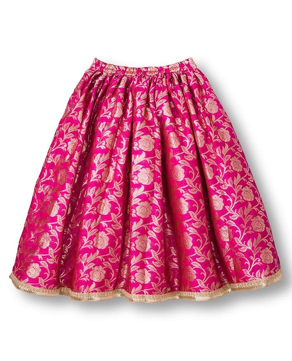 Babyhug Brocade Woven Frill Sleeves Floral Foil Printed Choli Lehenga Set with Dupatta & Embroidery - Dark Pink