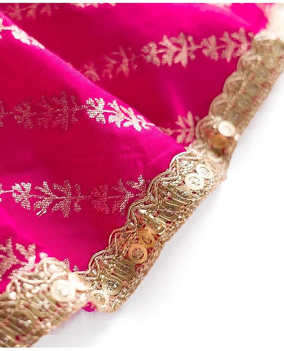 Babyhug Brocade Woven Puffed Sleeves Floral Embroidered Choli Lahenga set with Dupatta- Fuchsia