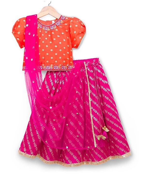 Babyhug Brocade Woven Puffed Sleeves Floral Embroidered Choli Lahenga set with Dupatta- Fuchsia