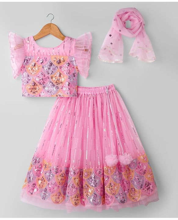 Babyhug Georgette Woven Frill Sleeves Choli Lehenga Set with Dupatta Embroidery & Sequin Detailing - Pink