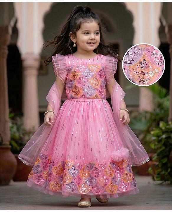 Babyhug Georgette Woven Frill Sleeves Choli Lehenga Set with Dupatta Embroidery & Sequin Detailing - Pink