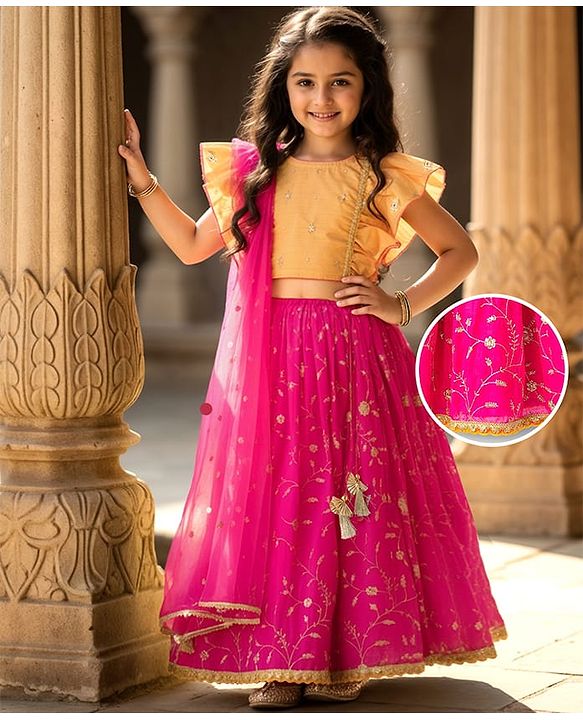 Babyhug Georgette Woven Flutter Sleeves Choli Lehenga & Dupatta Set with Floral Embroidery - Fuschia & Yellow