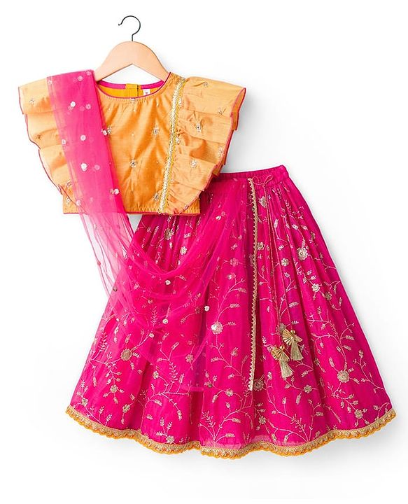 Babyhug Georgette Woven Flutter Sleeves Choli Lehenga & Dupatta Set with Floral Embroidery - Fuschia & Yellow