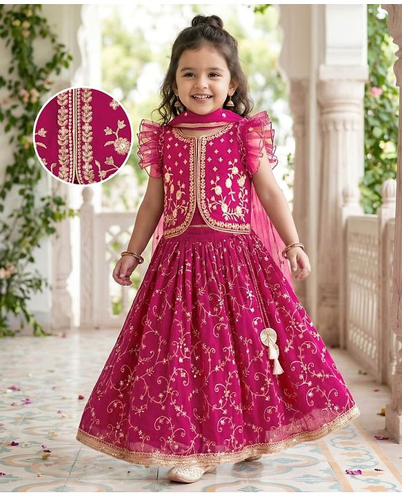 Babyhug Georgette Woven Frill Sleeves Choli Lehenga & Dupatta Set With Floral Embriodery - Red