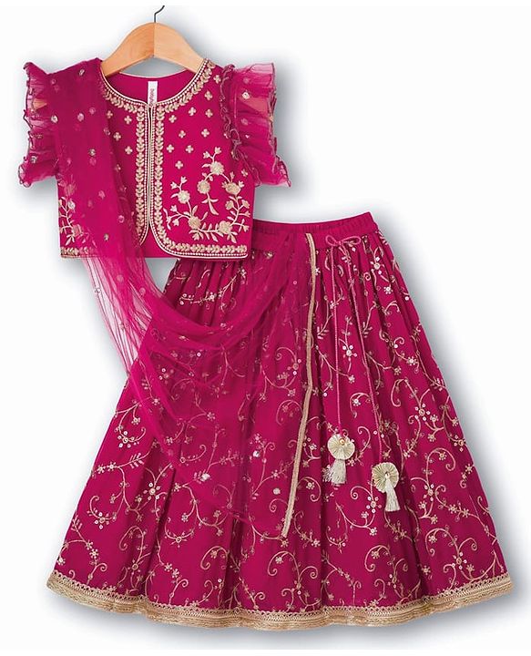 Babyhug Georgette Woven Frill Sleeves Choli Lehenga & Dupatta Set With Floral Embriodery - Red