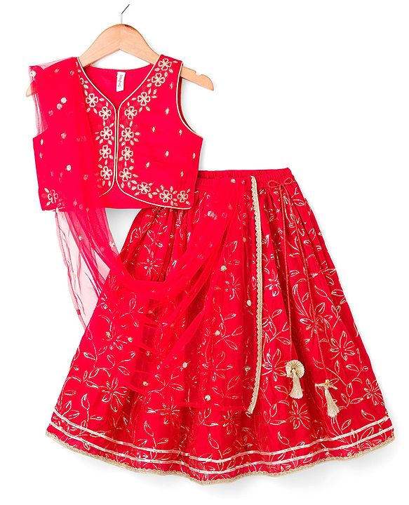 Babyhug Georgette Woven Half Sleeves Choli Lehenga & Dupatta Set with Floral Embroidery - Hot Pink