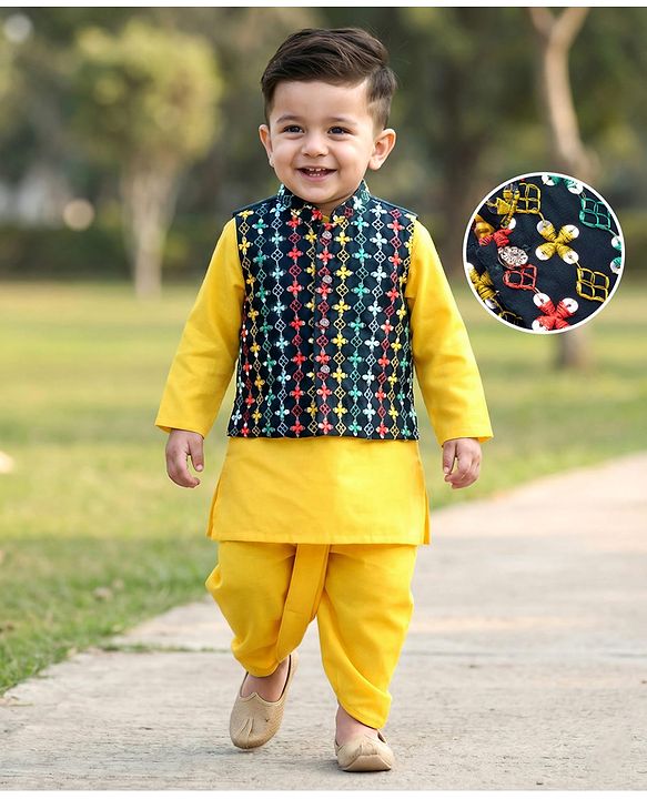 Babyhug Cotton Woven Full Sleeves Kurta Dhoti & Floral Embroidered Jacket Set - Yellow