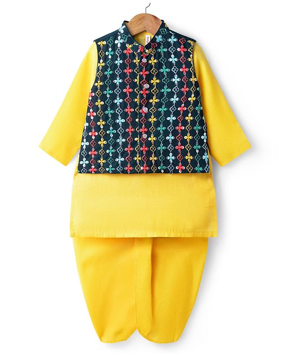 Babyhug Cotton Woven Full Sleeves Kurta Dhoti & Floral Embroidered Jacket Set - Yellow