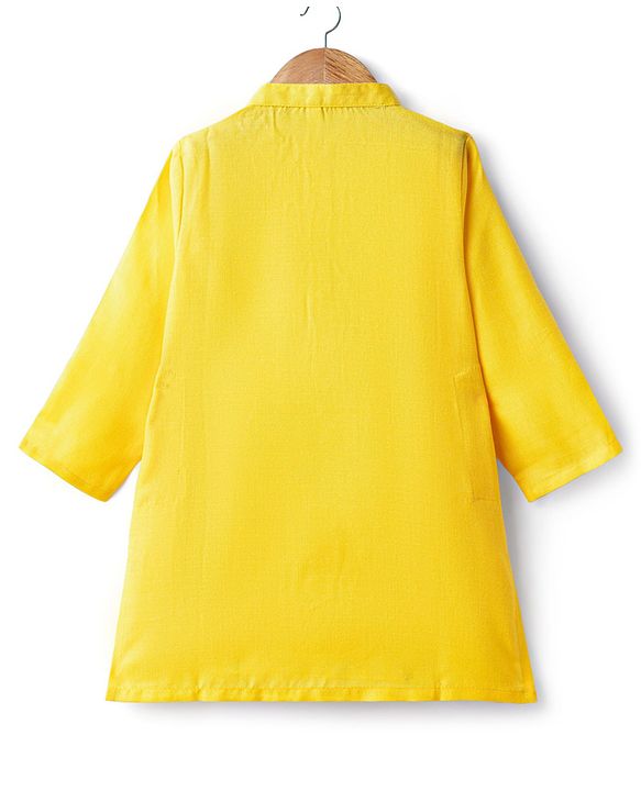 Babyhug Cotton Woven Full Sleeves Kurta Dhoti & Floral Embroidered Jacket Set - Yellow