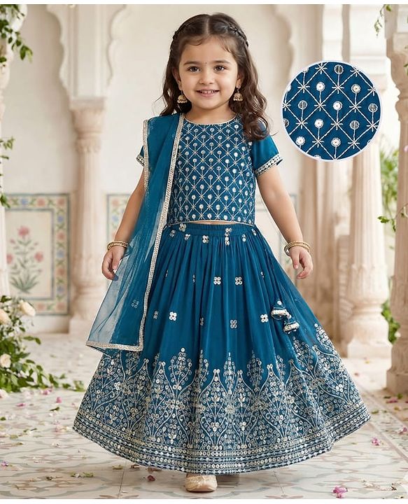 Babyhug Georgette Woven Half Sleeves Choli Lehenga & Dupatta Set With Sequin Detailing & Embriodery - Teal Blue
