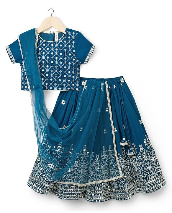 Babyhug Georgette Woven Half Sleeves Choli Lehenga & Dupatta Set With Sequin Detailing & Embriodery - Teal Blue