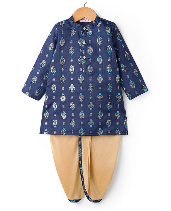 Babyhug Cotton Woven Full Sleeves Kurta Dhoti Set with Floral Motif Foil Print - Navy Blue & Beige