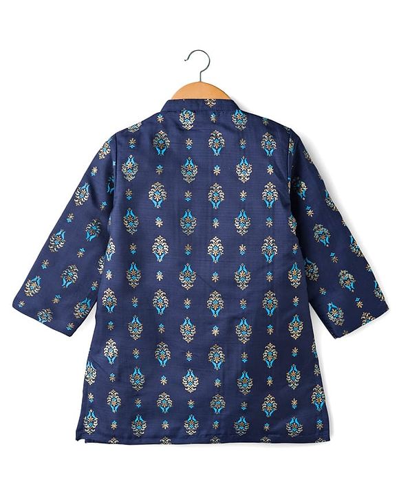 Babyhug Cotton Woven Full Sleeves Kurta Dhoti Set with Floral Motif Foil Print - Navy Blue & Beige