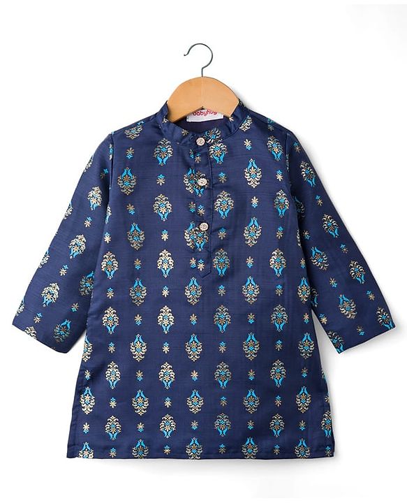 Babyhug Cotton Woven Full Sleeves Kurta Dhoti Set with Floral Motif Foil Print - Navy Blue & Beige