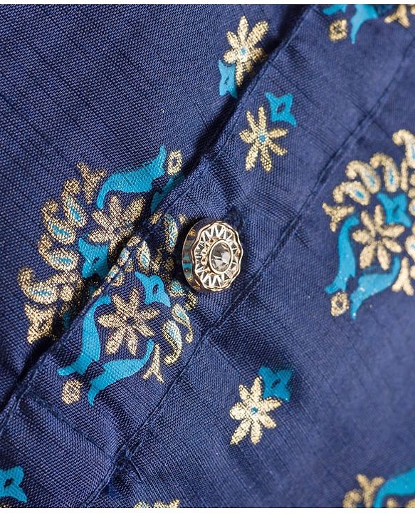 Babyhug Cotton Woven Full Sleeves Kurta Dhoti Set with Floral Motif Foil Print - Navy Blue & Beige