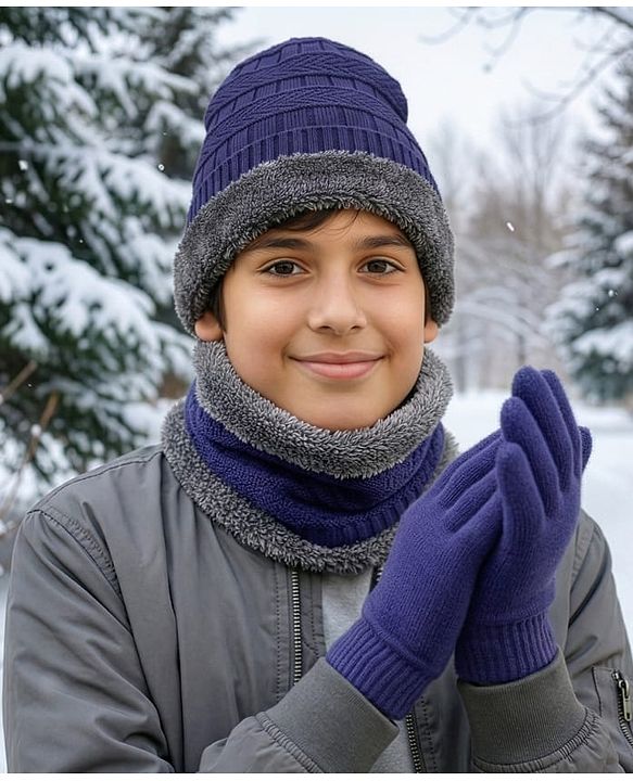 Pine Kids Knit Woollen Cap Cloves & Muffler Set Navy Blue - Diameter 18 cm