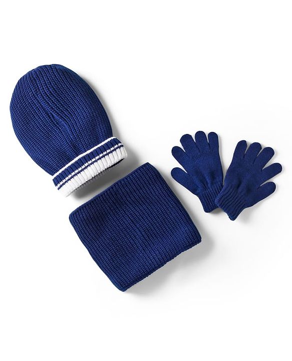 Pine Kids Knit Woollen Cap Muffler & Gloves Set With Stripes Navy Blue - Diameter 18 cm