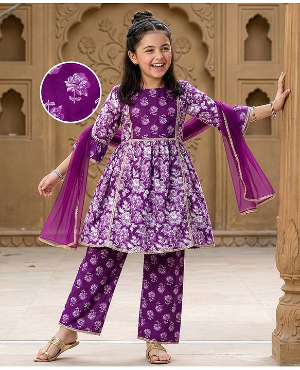 Pine Kids Cotton Woven Three Fourth Sleeves Kurta Salwar & Dupatta Set With Floral Print - Purple