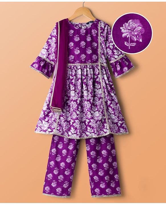 Pine Kids Cotton Woven Three Fourth Sleeves Kurta Salwar & Dupatta Set With Floral Print - Purple