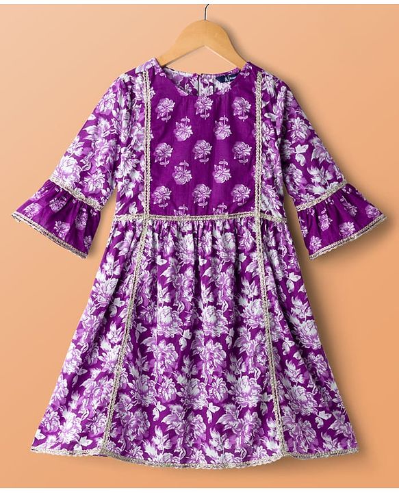 Pine Kids Cotton Woven Three Fourth Sleeves Kurta Salwar & Dupatta Set With Floral Print - Purple
