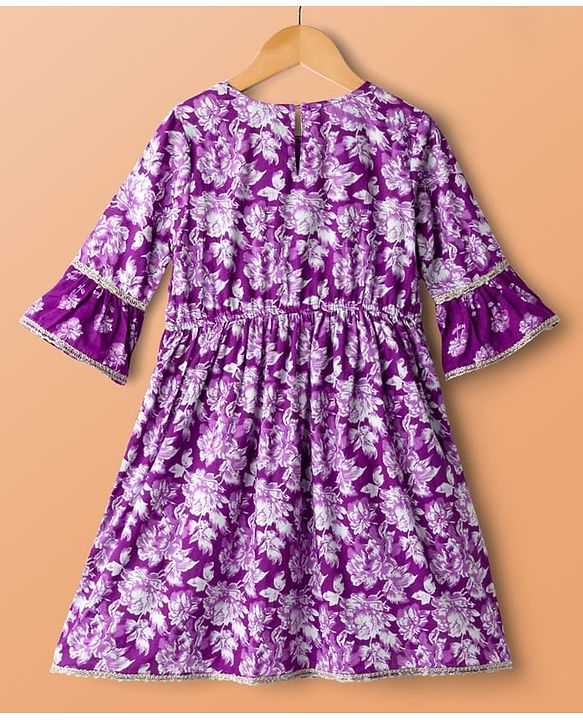 Pine Kids Cotton Woven Three Fourth Sleeves Kurta Salwar & Dupatta Set With Floral Print - Purple