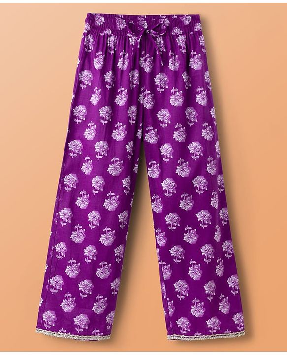 Pine Kids Cotton Woven Three Fourth Sleeves Kurta Salwar & Dupatta Set With Floral Print - Purple