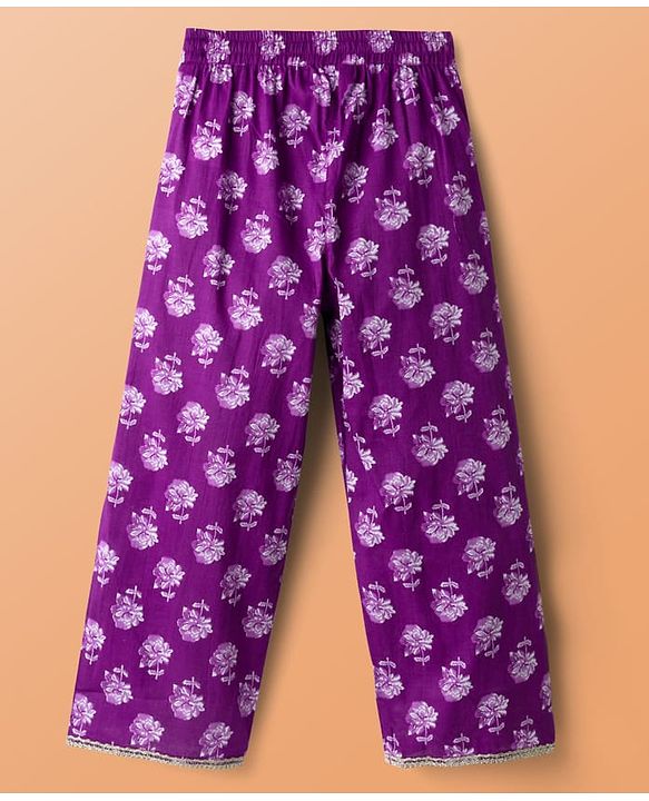 Pine Kids Cotton Woven Three Fourth Sleeves Kurta Salwar & Dupatta Set With Floral Print - Purple