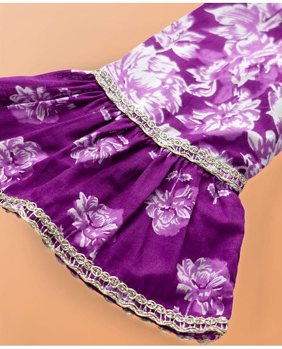 Pine Kids Cotton Woven Three Fourth Sleeves Kurta Salwar & Dupatta Set With Floral Print - Purple