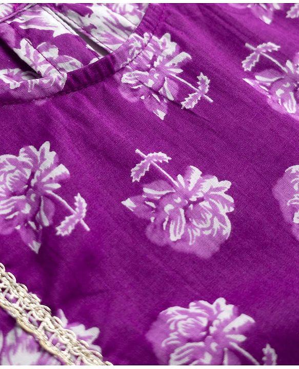 Pine Kids Cotton Woven Three Fourth Sleeves Kurta Salwar & Dupatta Set With Floral Print - Purple