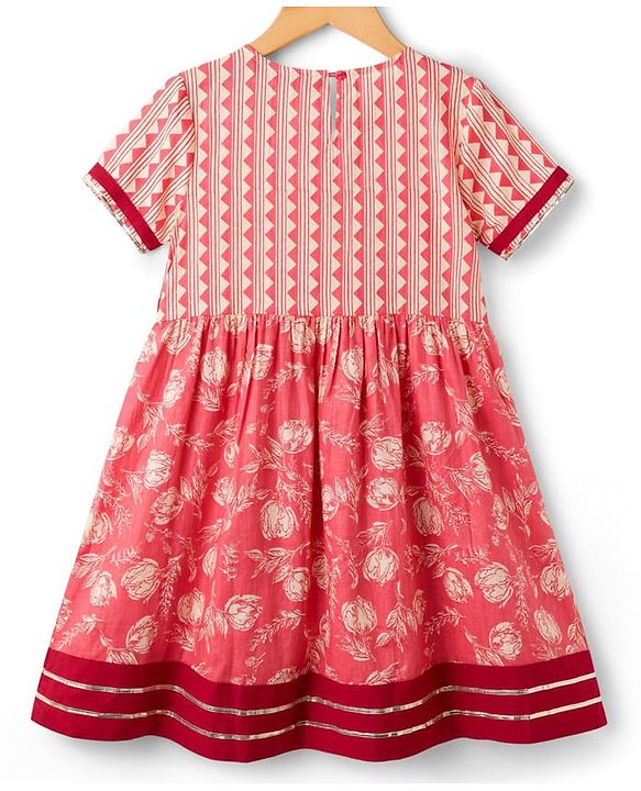 Pine Kids Cotton Woven Half Sleeves Kurta Churidar & Dupata Set With Floral Print - Coral