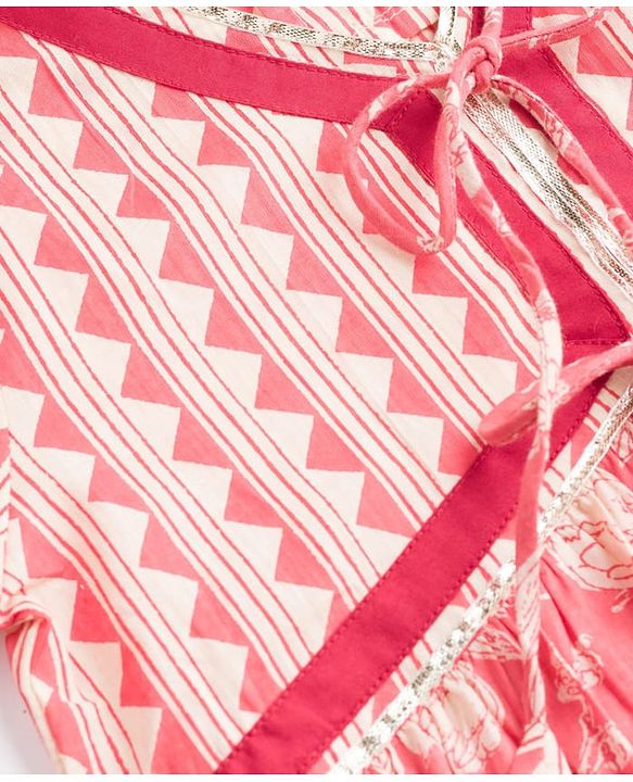 Pine Kids Cotton Woven Half Sleeves Kurta Churidar & Dupata Set With Floral Print - Coral