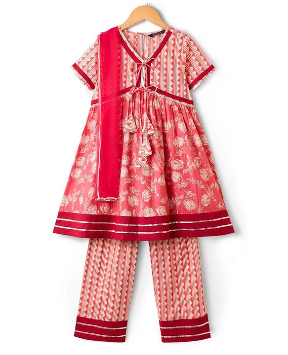 Pine Kids Cotton Woven Half Sleeves Kurta Churidar & Dupata Set With Floral Print - Coral