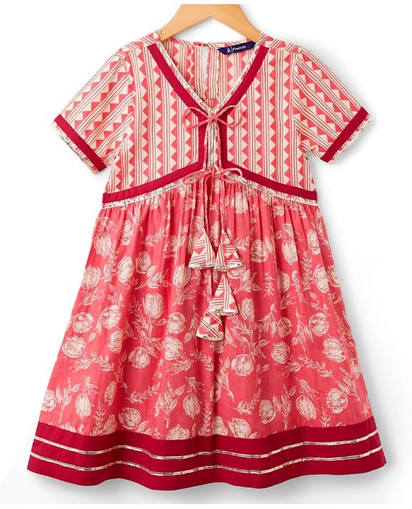 Pine Kids Cotton Woven Half Sleeves Kurta Churidar & Dupata Set With Floral Print - Coral