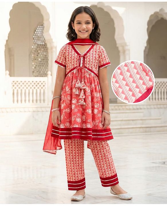Pine Kids Cotton Woven Half Sleeves Kurta Churidar & Dupata Set With Floral Print - Coral
