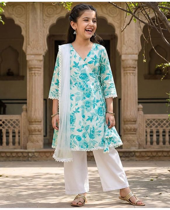 Pine Kids Cotton Woven Three Fourth Sleeves Kurta Churidar & Dupatta Set With Floral Print - Light Blue