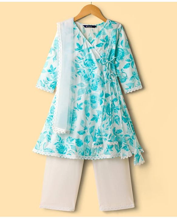 Pine Kids Cotton Woven Three Fourth Sleeves Kurta Churidar & Dupatta Set With Floral Print - Light Blue