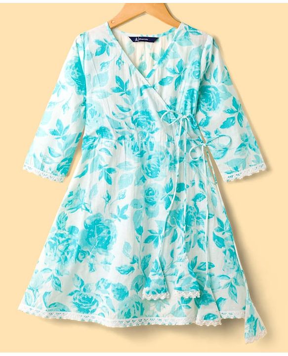Pine Kids Cotton Woven Three Fourth Sleeves Kurta Churidar & Dupatta Set With Floral Print - Light Blue