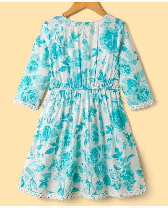 Pine Kids Cotton Woven Three Fourth Sleeves Kurta Churidar & Dupatta Set With Floral Print - Light Blue