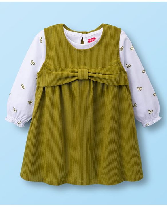 Babyhug Cotton Knit Frock with Full Sleeves Inner Tee Bow Print - Olive Green & White