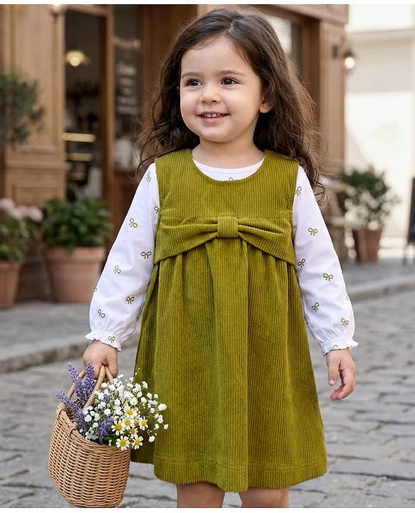 Babyhug Cotton Woven Frock with Full Sleeves Inner Tee Bow Print - Olive Green & White