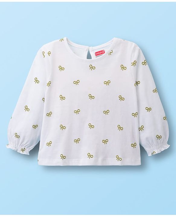 Babyhug Cotton Woven Frock with Full Sleeves Inner Tee Bow Print - Olive Green & White