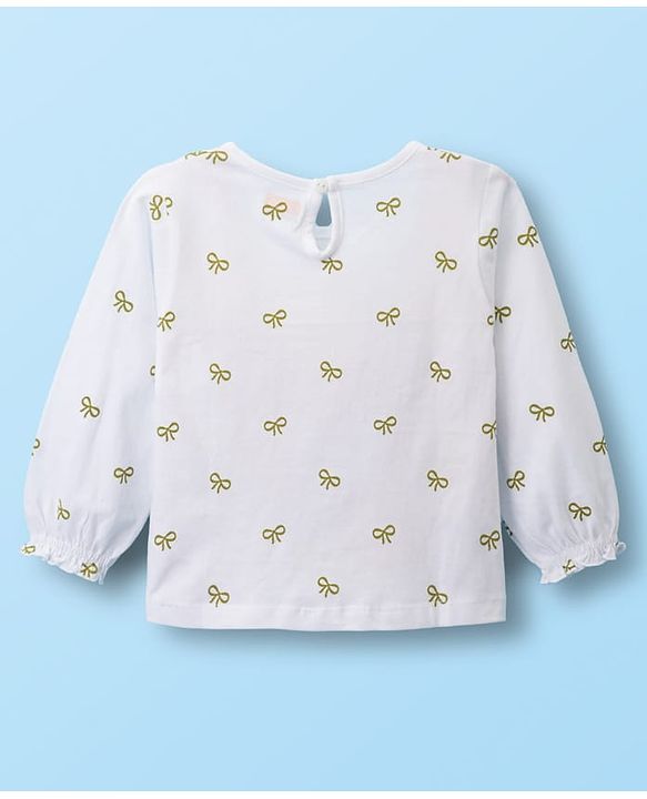 Babyhug Cotton Woven Frock with Full Sleeves Inner Tee Bow Print - Olive Green & White