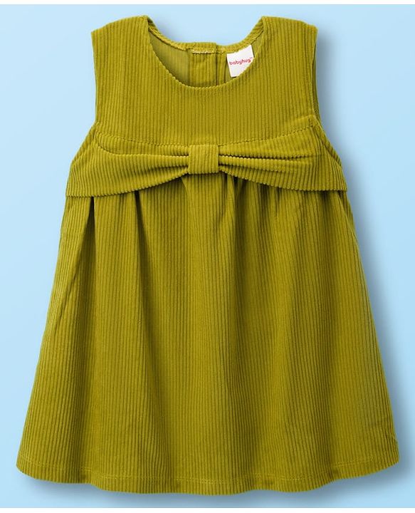 Babyhug Cotton Woven Frock with Full Sleeves Inner Tee Bow Print - Olive Green & White