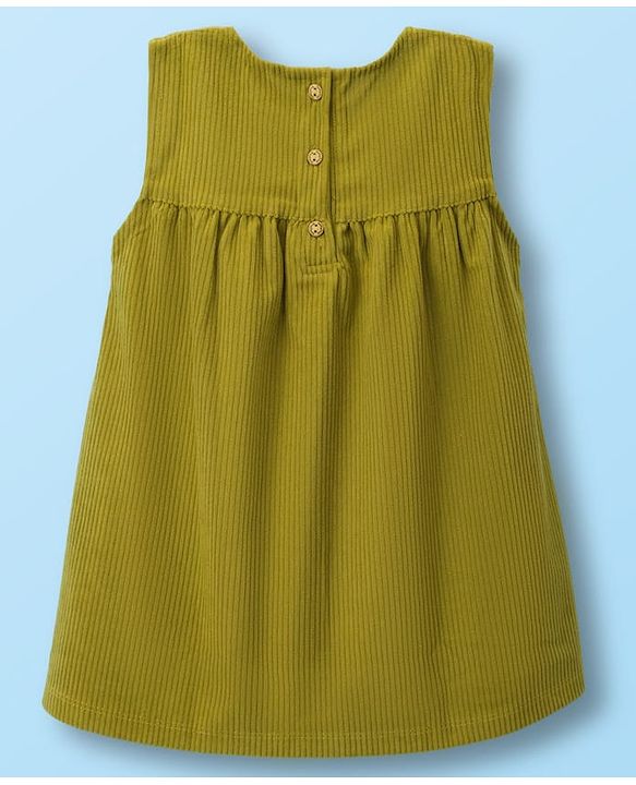 Babyhug Cotton Woven Frock with Full Sleeves Inner Tee Bow Print - Olive Green & White