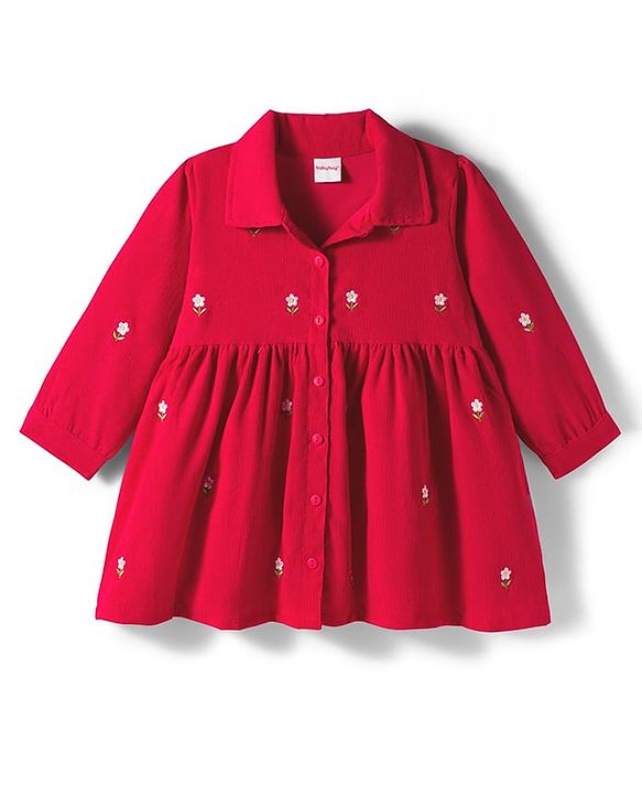 Babyhug Cotton Woven Full Sleeves Front Open Frock with Floral Embroidery - Red