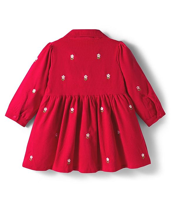 Babyhug Cotton Woven Full Sleeves Front Open Frock with Floral Embroidery - Red
